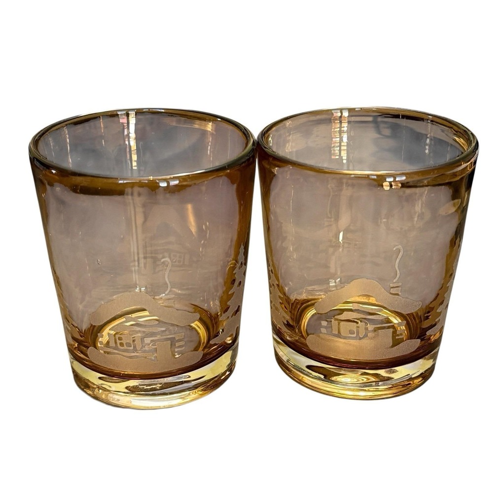 Set of 2 Vintage Amber Cabin Etched Rocks Glasses Tumblers Log Cabin Trees